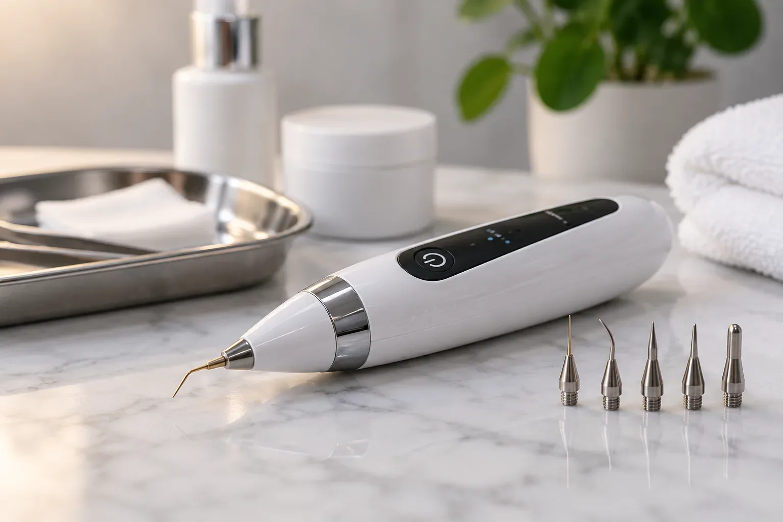 Illustration générée numériquement d'un appareil ressemblant à un Plasma Pen, avec plusieurs embouts métalliques sur une surface en marbre.